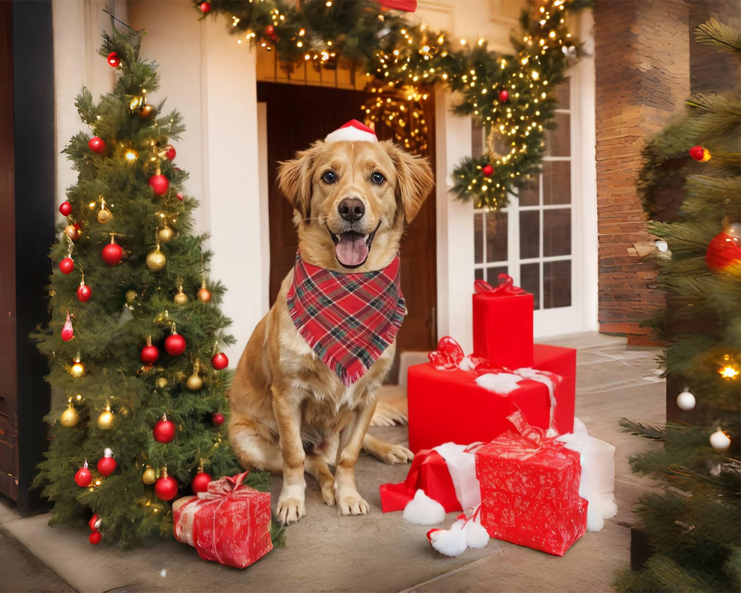 Dog wearing a Santa hat and plaid scarf sitting in front of Christmas decorations including a tree and presents.