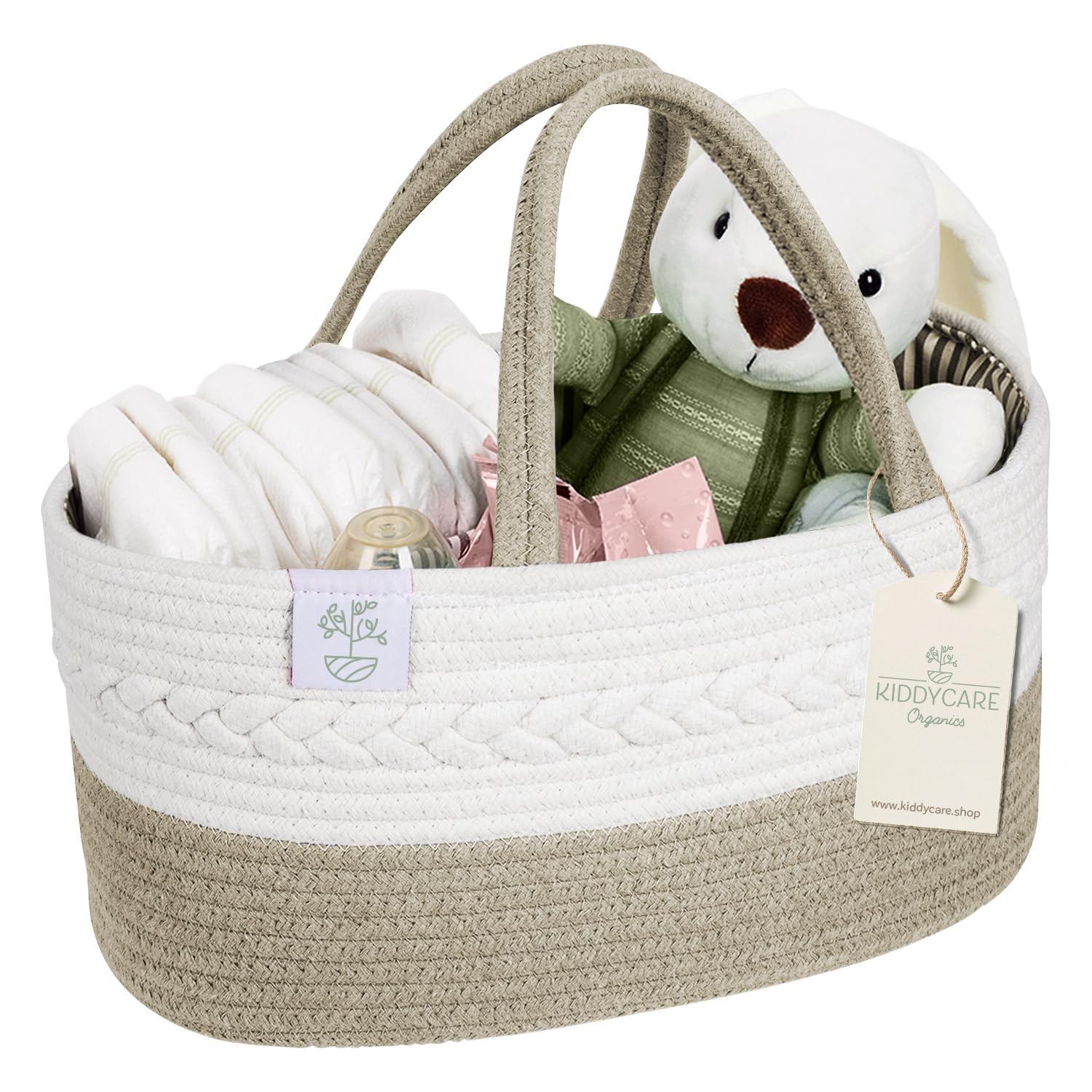 KiddyCare Baby Diaper Caddy Organizer, Cotton Nursery Baby Gift Basket with Handle Lid Baby Caddy Organizer, Portable Baby Basket Diapers & Wipes, Basket for Moms
