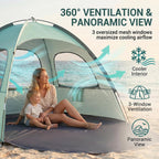 WhiteFang Beach Tent Anti-UV Portable Sun Shade Shelter for 3 Person, Extendable Floor with 3 Ventilating Mesh Windows Plus Carrying Bag, Stakes and Guy Lines