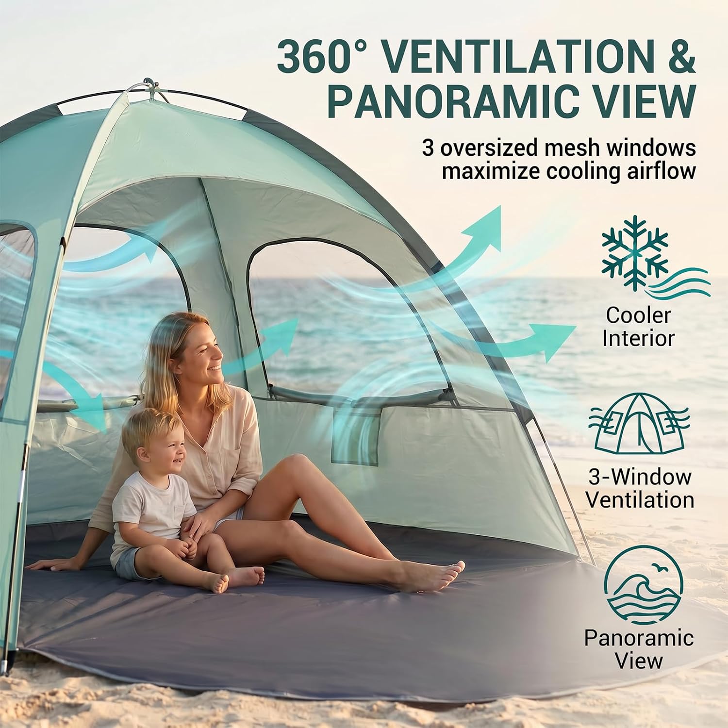 WhiteFang Beach Tent Anti-UV Portable Sun Shade Shelter for 3 Person, Extendable Floor with 3 Ventilating Mesh Windows Plus Carrying Bag, Stakes and Guy Lines