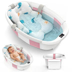 Collapsible Baby Bathtub for Newborn to Toddler 0-36 Months, Large Baby Bath Tub with Thermometer & Cushion, Easy Setup Foldable Travel Infant Bathtub, Newborn Babies Boy Girls Bath Tubs