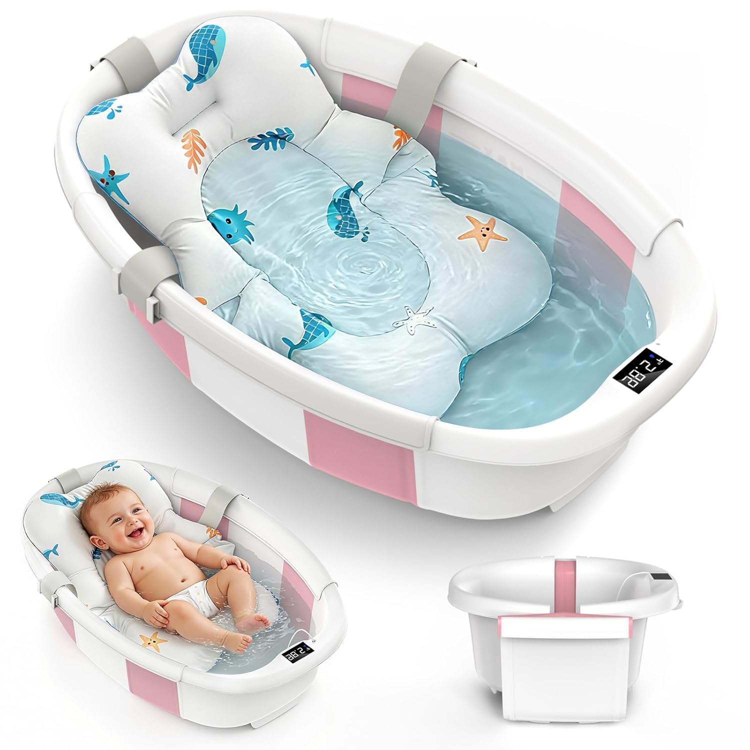 Collapsible Baby Bathtub for Newborn to Toddler 0-36 Months, Large Baby Bath Tub with Thermometer & Cushion, Easy Setup Foldable Travel Infant Bathtub, Newborn Babies Boy Girls Bath Tubs