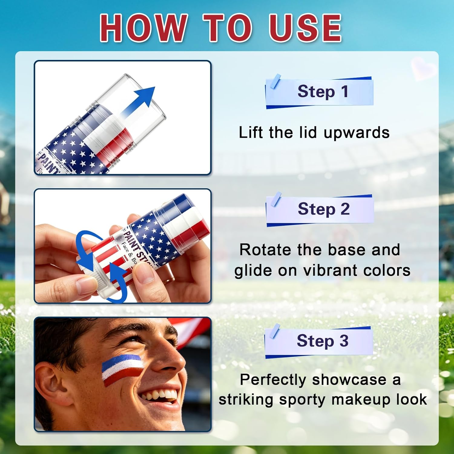 3 in 1 Colors Face Body Paint Sticks for Soccer,Football,Softball,Baseball,High Pigment & Waterproof Eye Black Stick Makeup