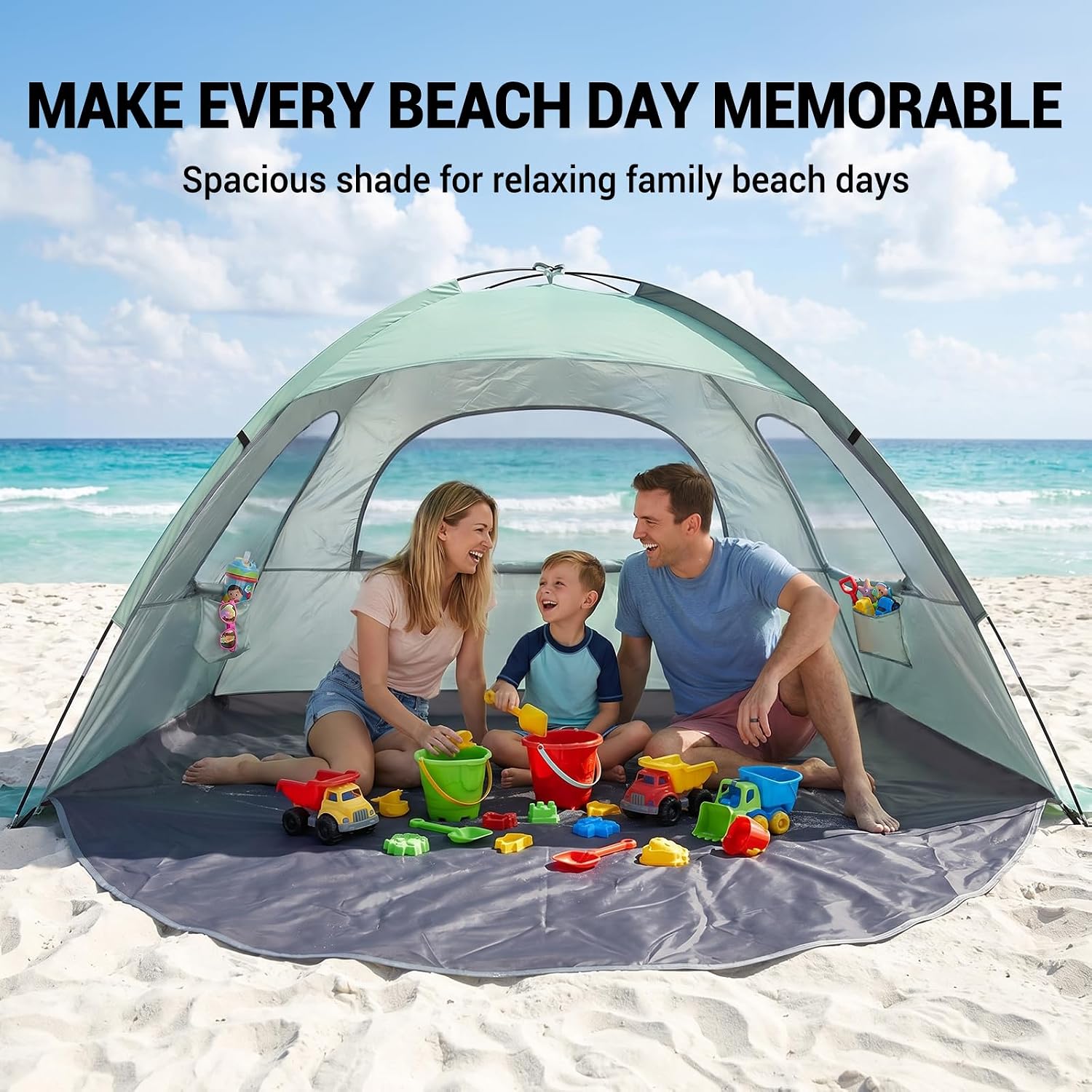 WhiteFang Beach Tent Anti-UV Portable Sun Shade Shelter for 3 Person, Extendable Floor with 3 Ventilating Mesh Windows Plus Carrying Bag, Stakes and Guy Lines