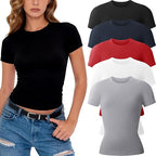 CE' CERDR 3/5 Pack Womens T Shirts Short Sleeve Workout Tops Basic Tees | Crew Neck, Fitted Plain Tshirts, Stretchy Undershirt, Casual Going Out Gym, Summer Layering Clothes, Y2K Crop Tops