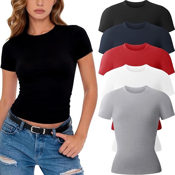 CE' CERDR 3/5 Pack Womens T Shirts Short Sleeve Workout Tops Basic Tees | Crew Neck, Fitted Plain Tshirts, Stretchy Undershirt, Casual Going Out Gym, Summer Layering Clothes, Y2K Crop Tops
