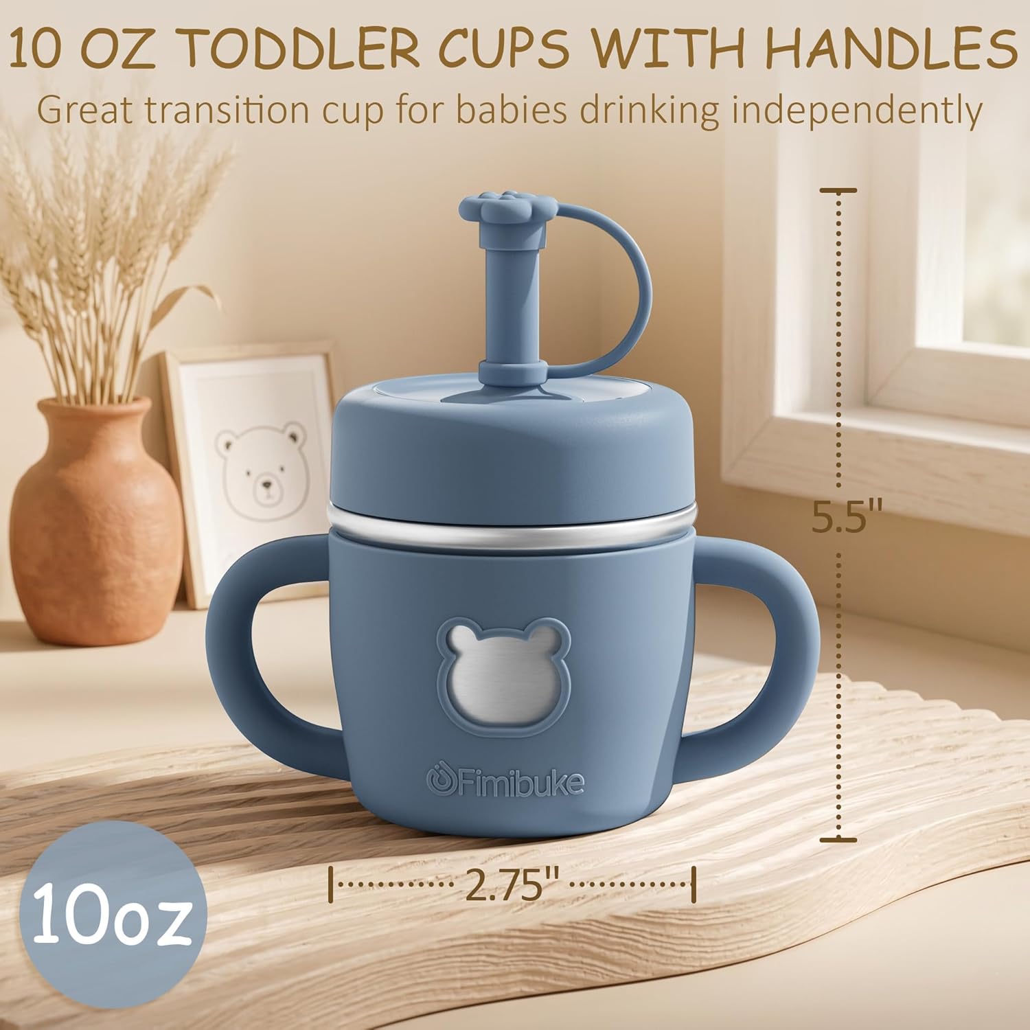 Fimibuke Sippy Cups for Toddlers, 10 OZ Spill Proof Kids Cup, Leak Proof Stainless Steel Tumbler with Handle, Silicone Straw & Sleeve, BPA Free Dishwasher Safe Girl Boy Kids Water Bottle, 2 Packs
