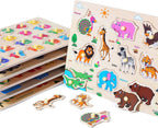 Wooden Peg Puzzle for Toddlers, 6 Pack Toddler Puzzles Set for 3 4 5 Years Old (Alphabet Number Shape Animal Dinosaur Vehicle), Preschool Education Learning Puzzle Toys for Girls and Boys