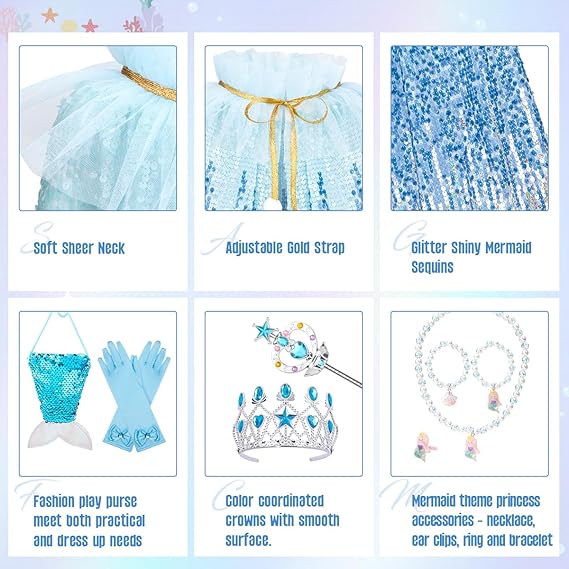Meland Princess Dress Up for Girls 3-8, Mermaid Cape with Crown, Dress Up Clothes Birthday Gift Toys for Girls Toddlers