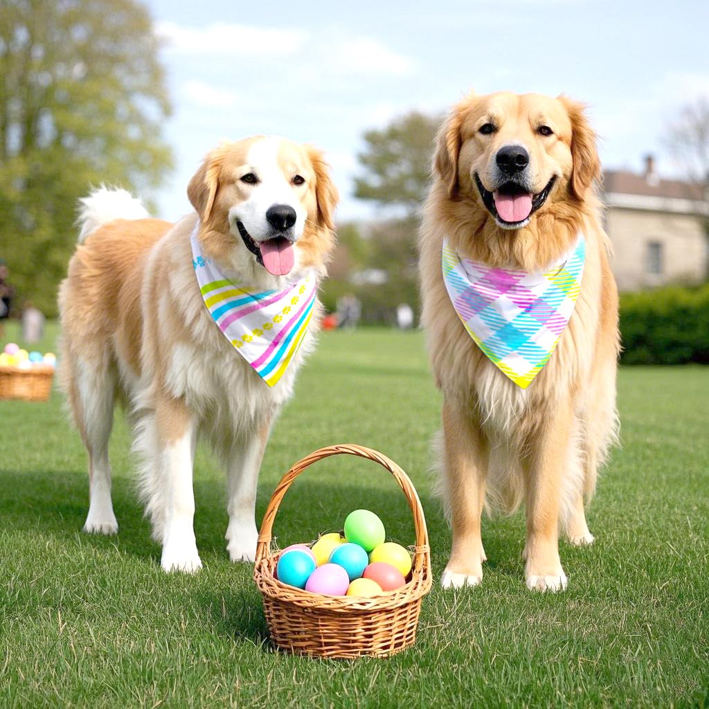 Two dogs wearing colorful bandanas standing next to a basket of Easter eggs on grass.