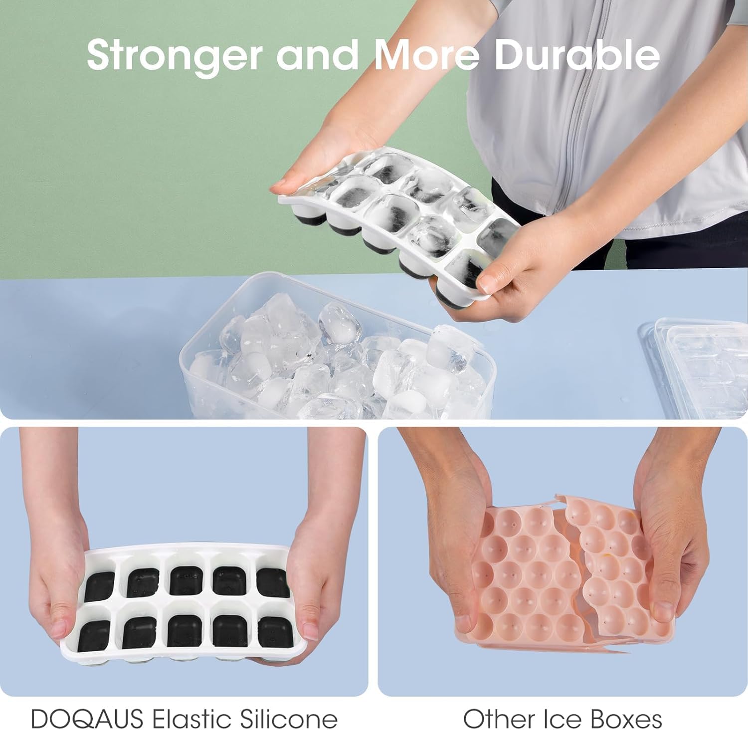DOQAUS Ice Cube Tray with Lid and Bin - 4 Pack Silicone Ice Cube Trays for Freezer, Stackable Ice Bucket Kits with Storage Container & Scoop for Kitchen