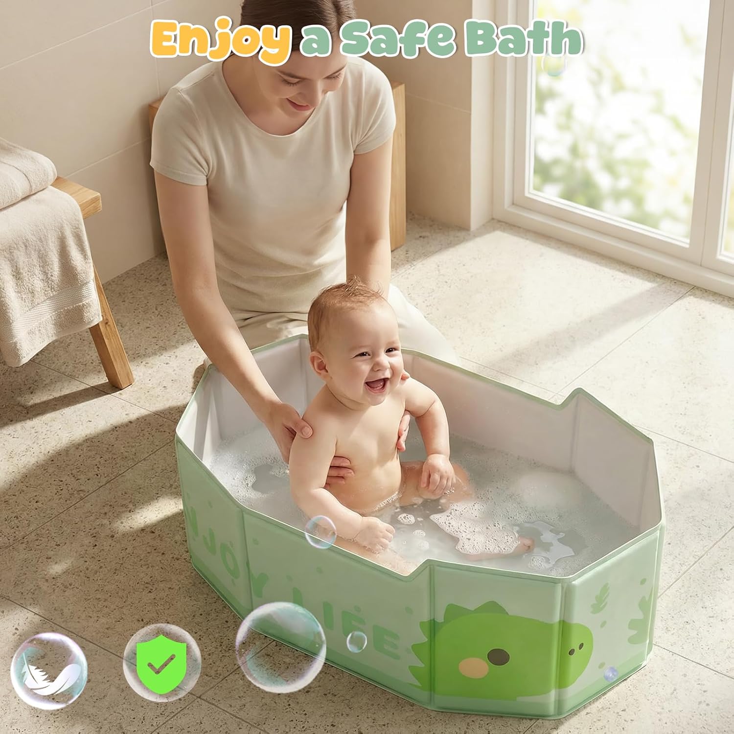 Orzbow Collapsible Baby Bathtub with Temperature Sticker, Portable Toddler Bathtub with Side Drain Plug, Travel Baby Bath Tub for 6 Months+, Easy to Clean, Stable & Durable, Folds to Store, Green