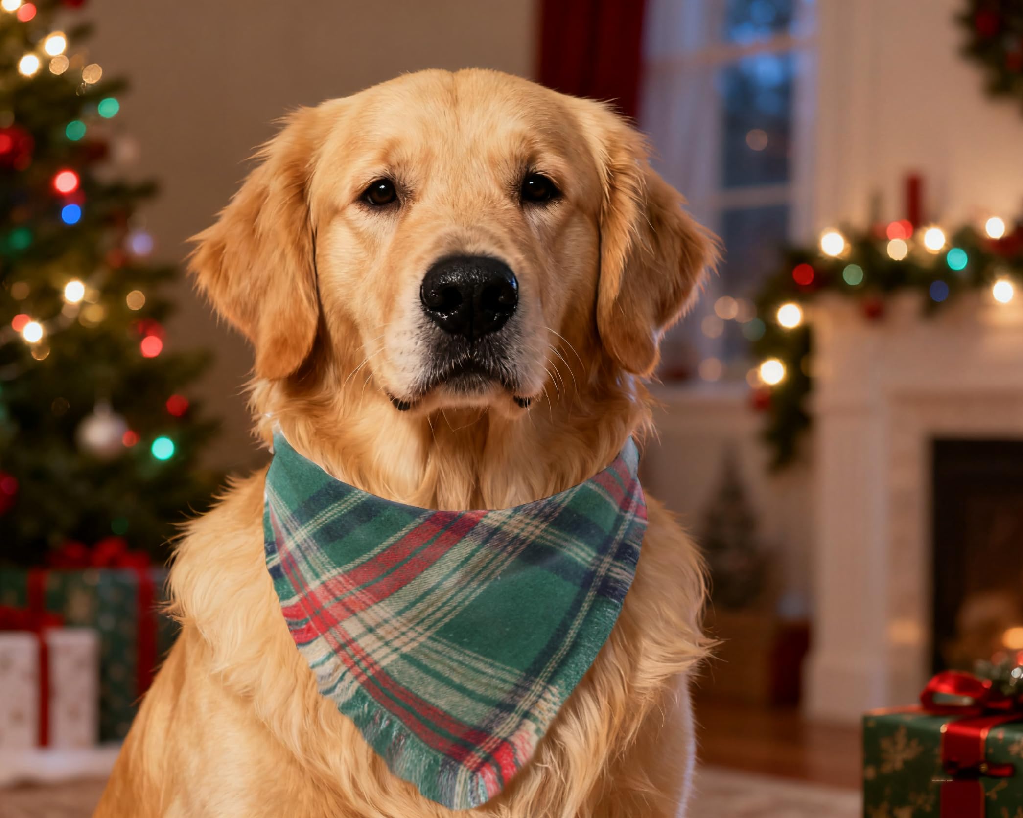 2PCS Christmas Dog Bandanas – Red and Green Plaid with Tassels