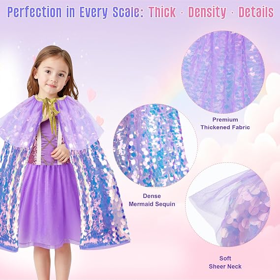 Meland Princess Dress Up for Girls 3-8, Mermaid Cape with Crown, Dress Up Clothes Birthday Gift Toys for Girls Toddlers