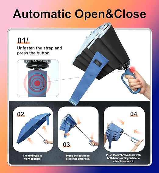 QWB Inverted Umbrella with Carabiner Handle, Compact Wind Proof Umbrellas For Rain and Sun Protection, Portable Reverse Folding Umbrella, Car Umbrella for Women Men, 10 Ribs