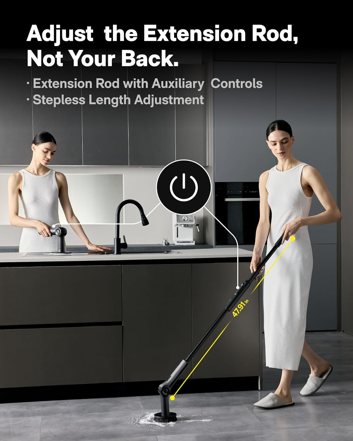 HOTO Flexi™ Cordless Electric Spin Scrubber, Adjustable Angle, Extendable Handle, Smart Display, IPX7 Waterproof, Powerful Cleaning Scrubber with 8 Replaceable Brush Heads, for Bathtub, Bathroom, Tile