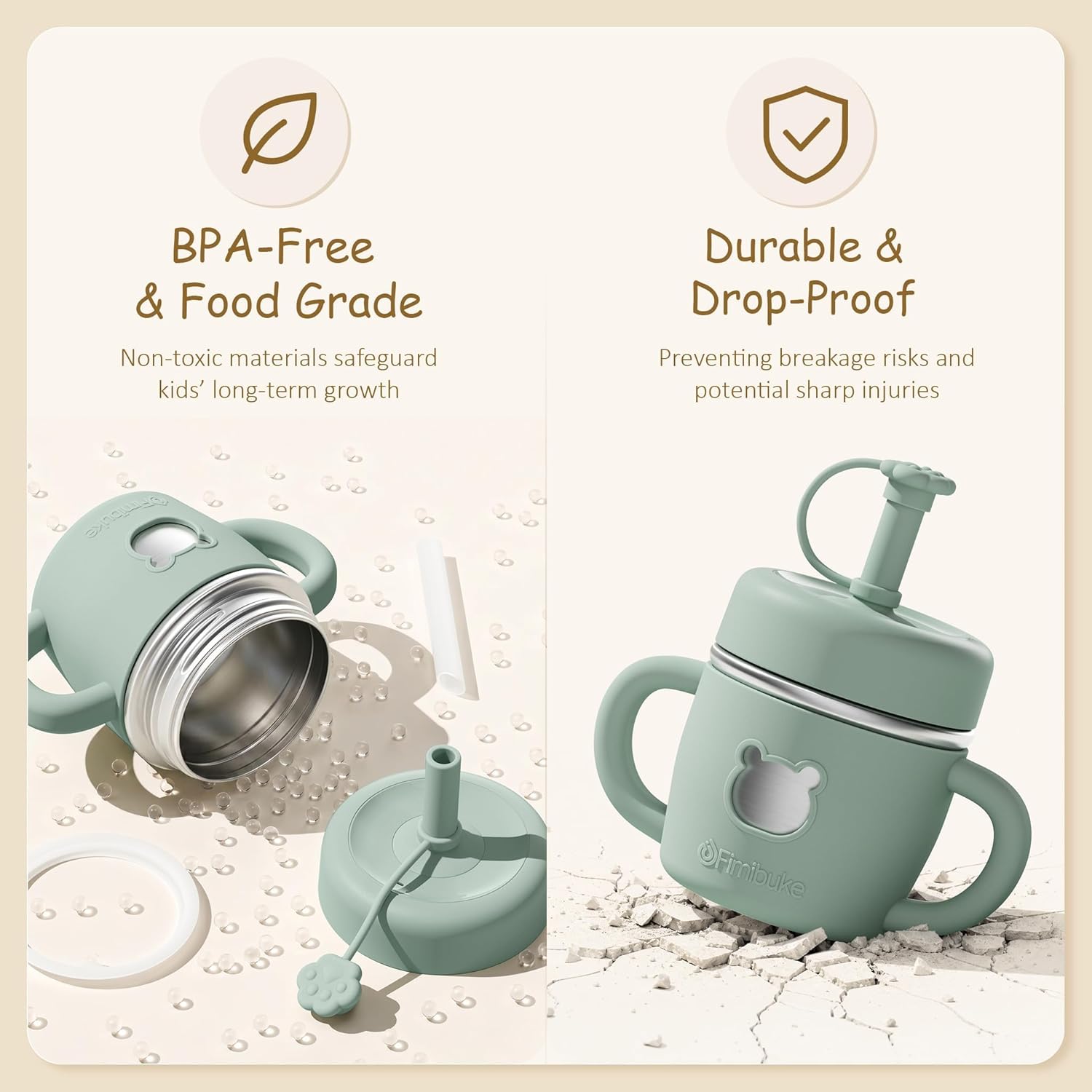 Fimibuke Sippy Cups for Toddlers, 10 OZ Spill Proof Kids Cup, Leak Proof Stainless Steel Tumbler with Handle, Silicone Straw & Sleeve, BPA Free Dishwasher Safe Girl Boy Kids Water Bottle, 2 Packs