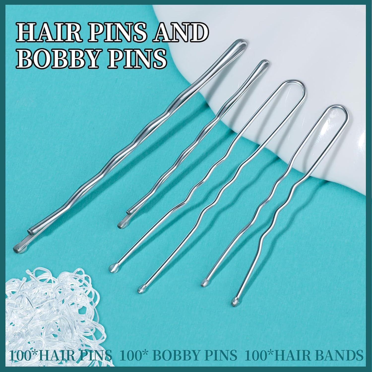 Teenitor 300pcs Bobby Pins Hair Pins Kit, 100pcs Bobby Pins 100 Hair Pins for Women for Buns, 100pcs Hair Bands, 2" 2.36", Bobb y Pins for Gray Hair 2" 2.75"