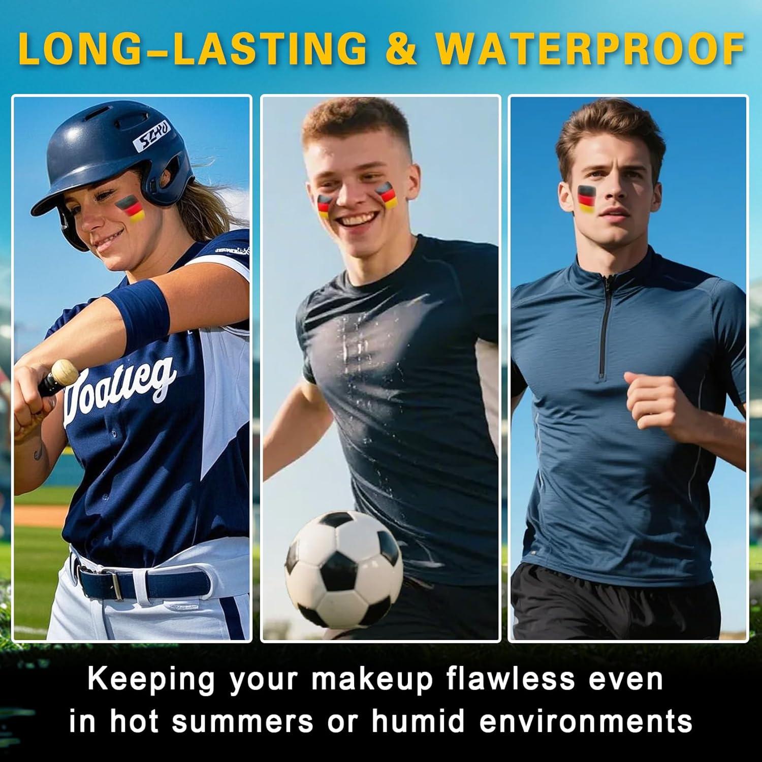 3 in 1 Colors Face Body Paint Sticks for Soccer,Football,Softball,Baseball,High Pigment & Waterproof Eye Black Stick Makeup
