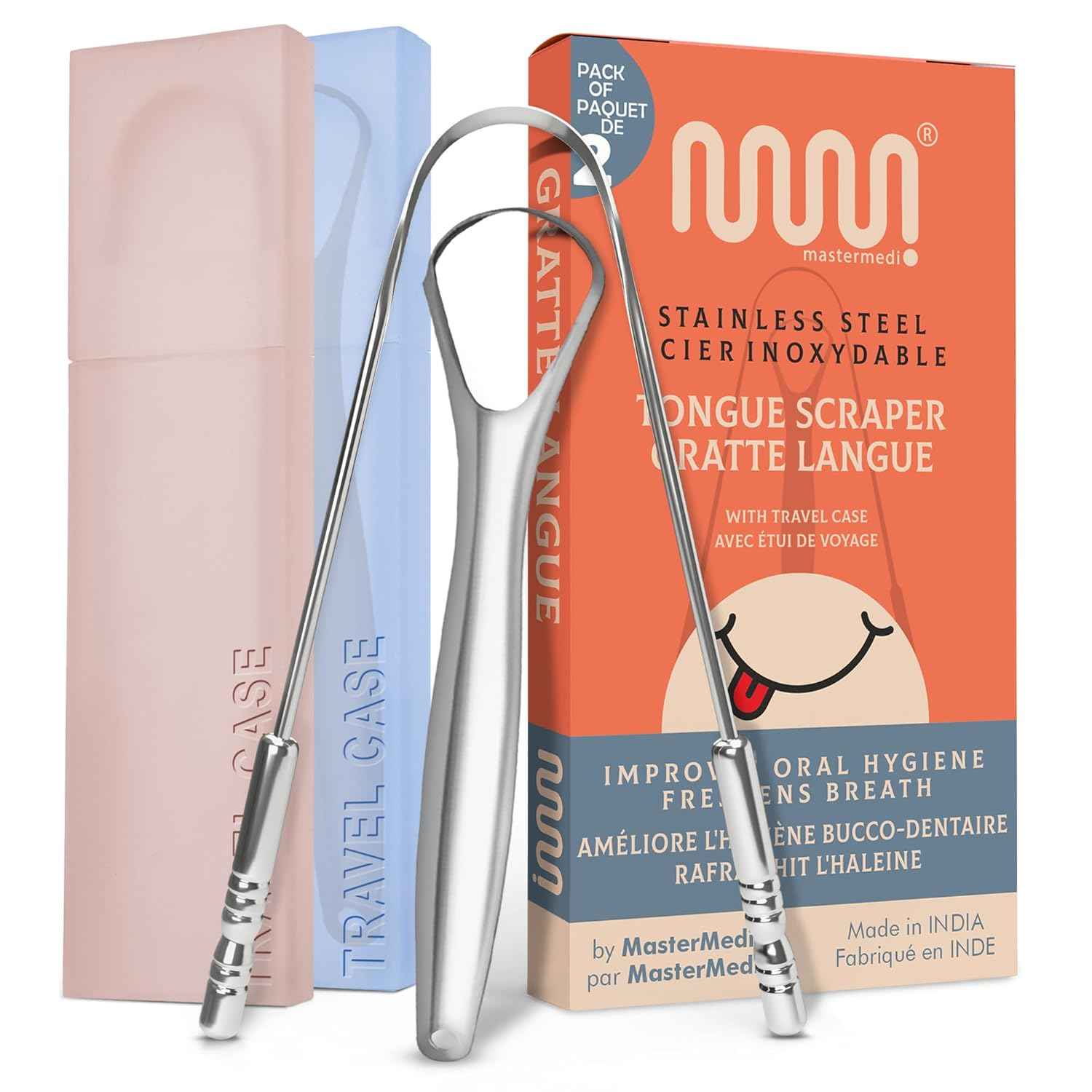 MasterMedi Tongue Scraper with Multicolor Cases (2 Pack), 100% Stainless Steel, Reduce Bad Breath, Easy to Use Tongue Scraper for Adults, Tongue Cleaner for Oral Care & Hygiene
