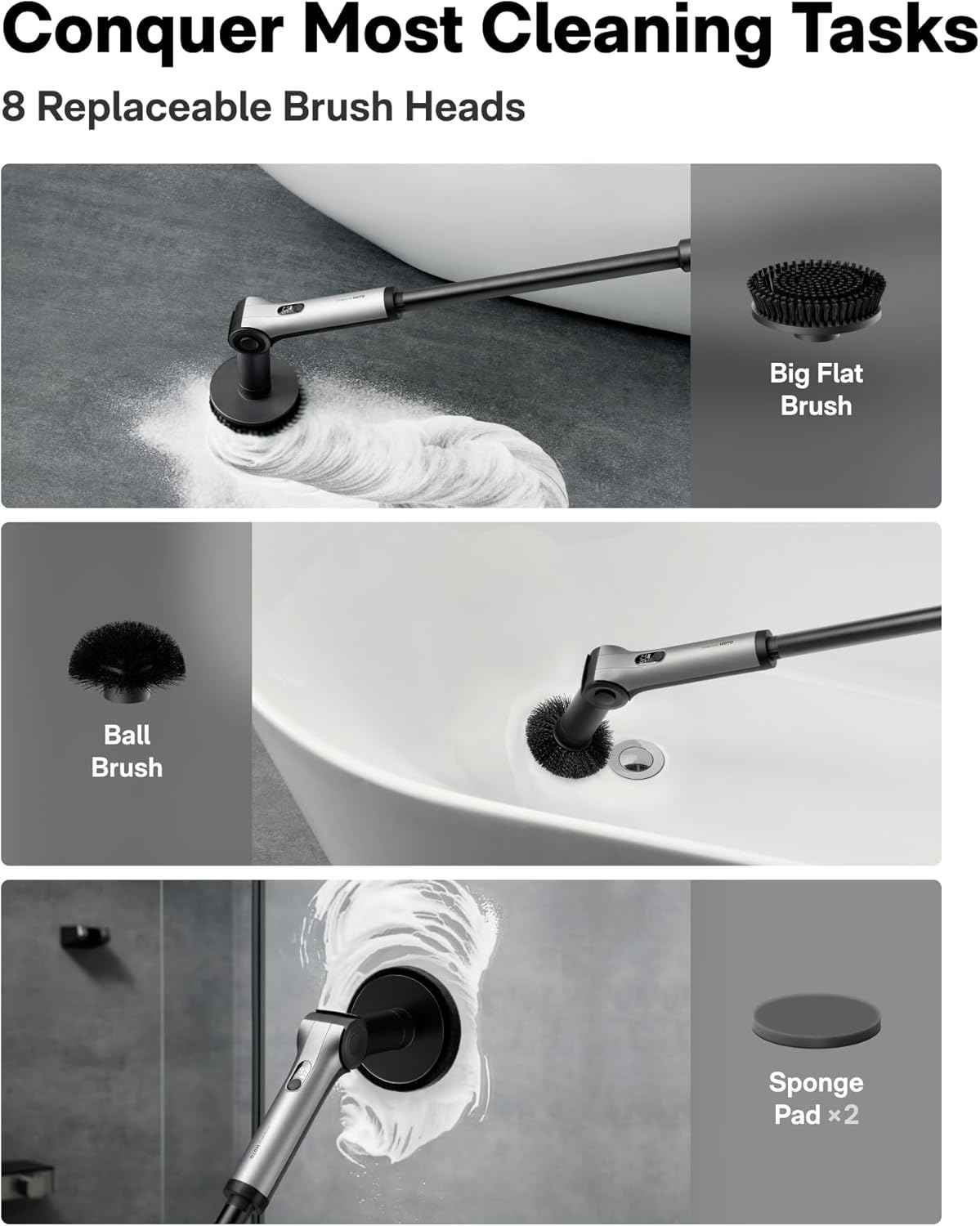 HOTO Flexi™ Cordless Electric Spin Scrubber, Adjustable Angle, Extendable Handle, Smart Display, IPX7 Waterproof, Powerful Cleaning Scrubber with 8 Replaceable Brush Heads, for Bathtub, Bathroom, Tile