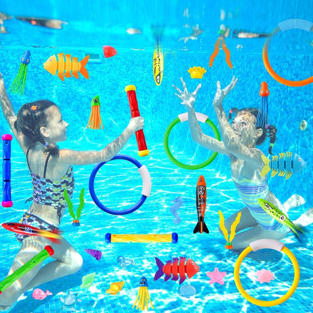 YUJUN Pool Diving Swimming Toys, Summer Underwater Game Toys with Pool Fishes Dive Sticks Rings Gems Storage Bag for Kids Swim Birthday Party Favors