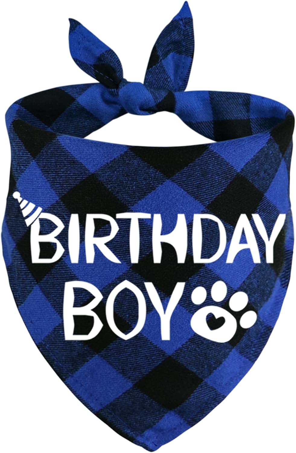 Blue and black checkered bandana with 'Birthday Boy' text and paw print on a white background