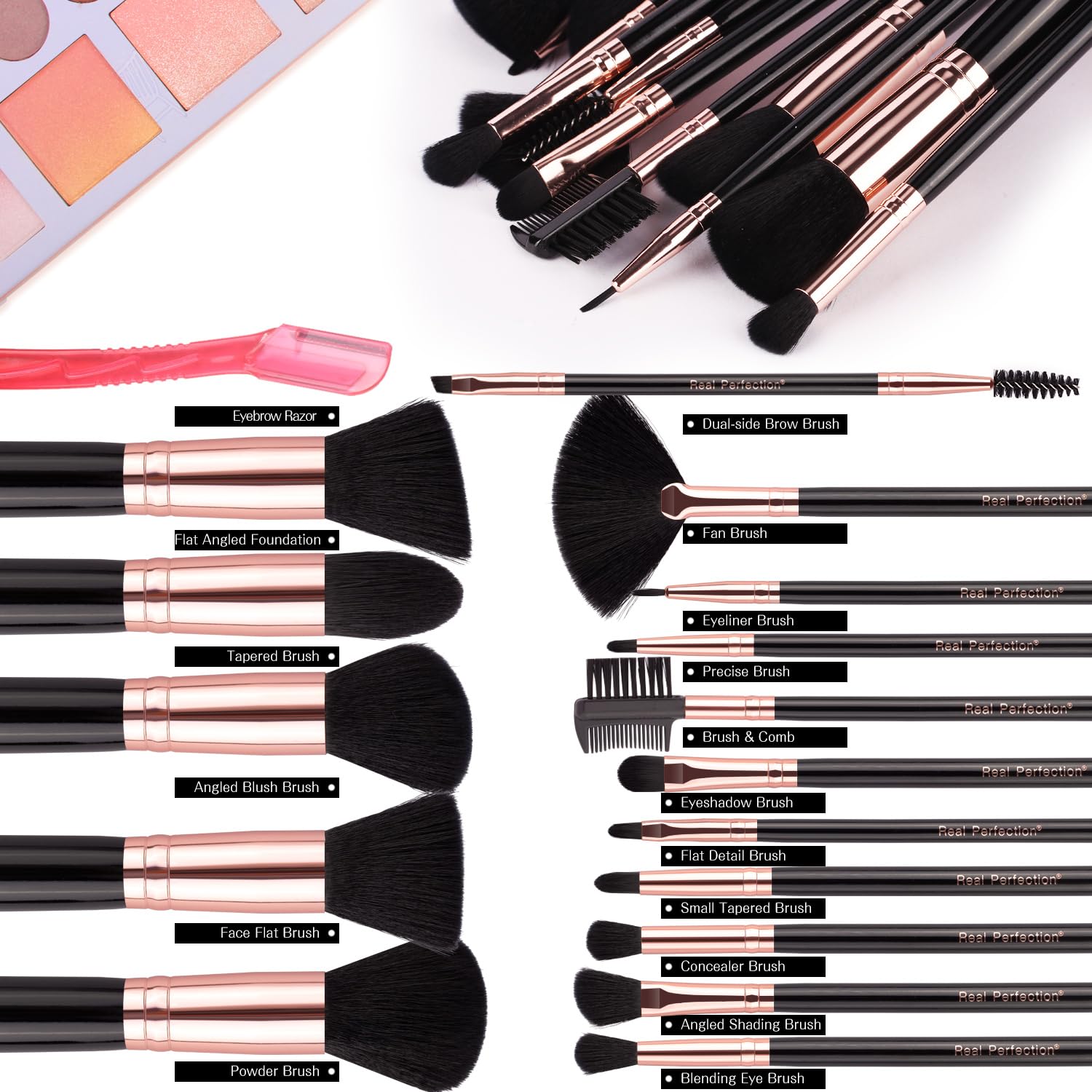 Real Perfection Makeup Brush Set 16 Pcs with 1 Eyebrow Razor Premium Synthetic Foundation Powder Concealers Eyeshadow Blush Makeup Brushes Make up Brushes Kit