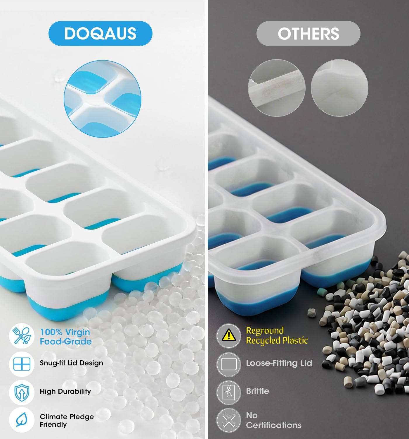 DOQAUS Ice Cube Tray with Lid and Bin - 4 Pack Silicone Ice Cube Trays for Freezer, Stackable Ice Bucket Kits with Storage Container & Scoop for Kitchen
