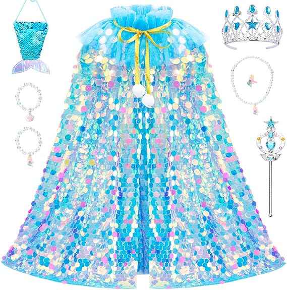 Meland Princess Dress Up for Girls 3-8, Mermaid Cape with Crown, Dress Up Clothes Birthday Gift Toys for Girls Toddlers