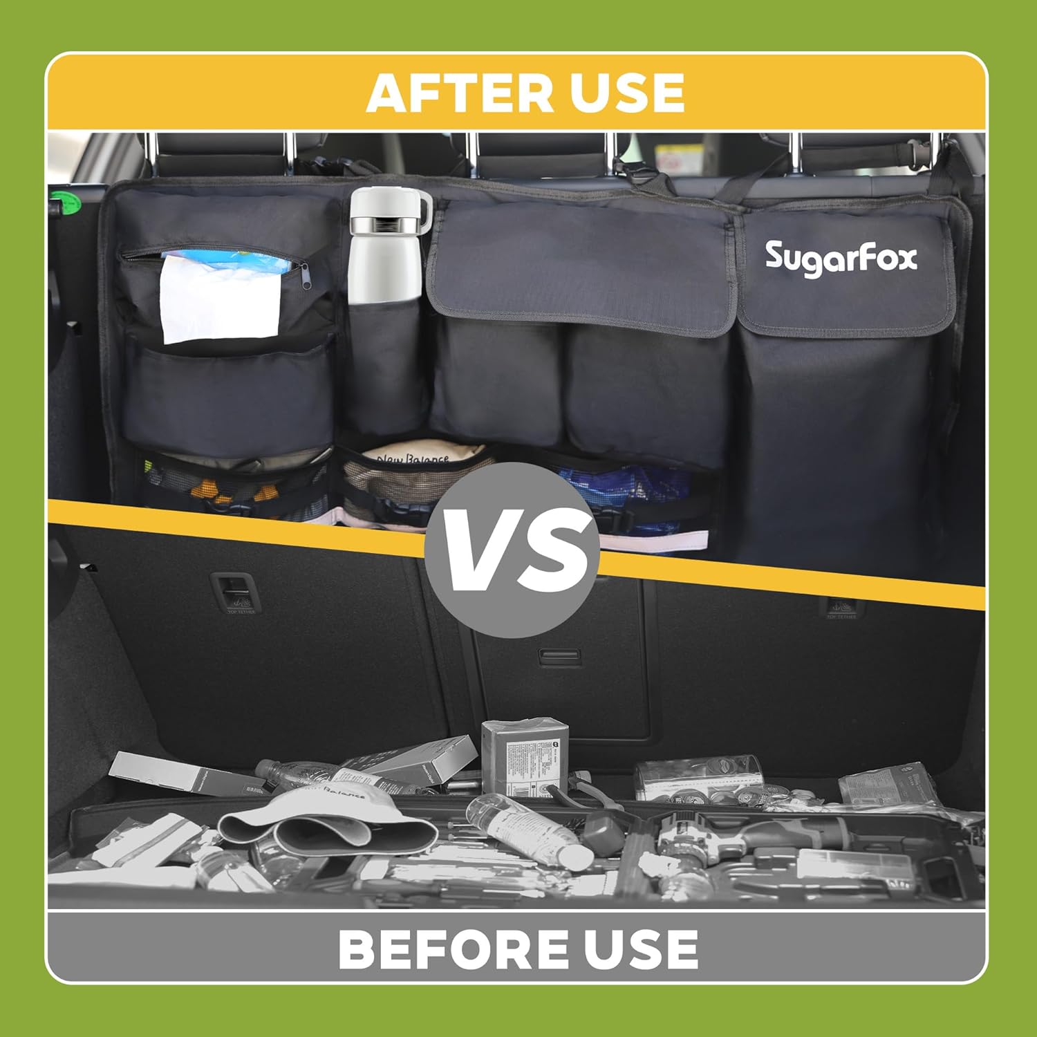 SugarFox Backseat Hanging Trunk Organizer for SUVs, Cars, Trucks & MPVs | Multi-Pocket Storage with Anti-Slip Straps | Space-Saving Auto Accessory | Gift for Drivers | 37.8" x 18.1"