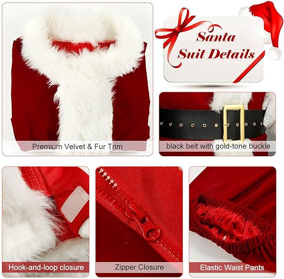 Santa Claus Costume for Men Women Adult - 9pc. Deluxe Costume Santa Suit Outfit