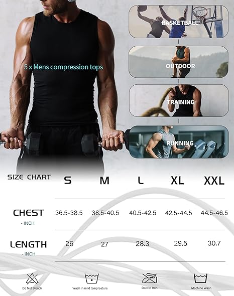 5 Pack Men's Athletic Compression Shirts Sleeveless Workout Tank Top Sports Base Layer Running Basketball