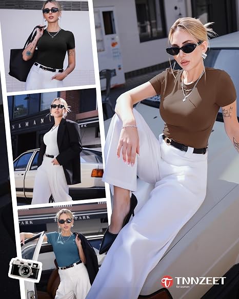 TNNZEET 6 Pack Womens Shirts - Short Sleeve Slim Fit Tight Crop Tops Spring Summer Clothes Basic Tees for Workout Gym Casual