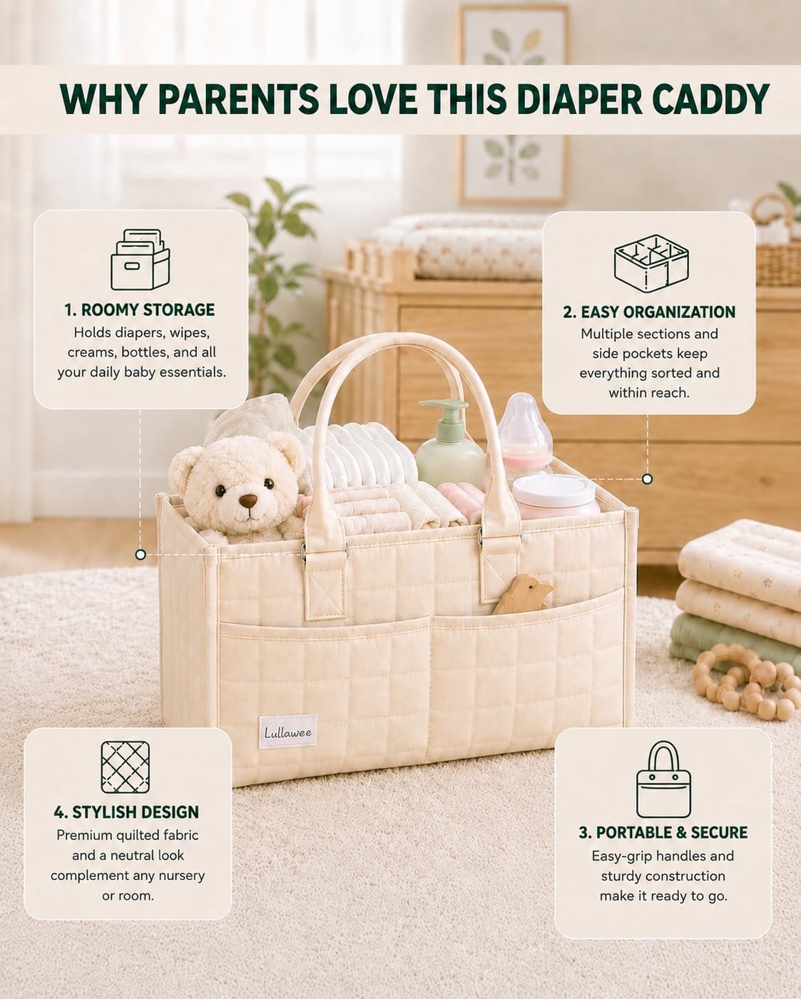 Baby Diaper Caddy Organizer, Portable Nursery Storage Basket with Handle for Newborn Boy or Girl, Gift for Baby Shower Essentials, Registry Must Have Bag, Caddie Car Organizer