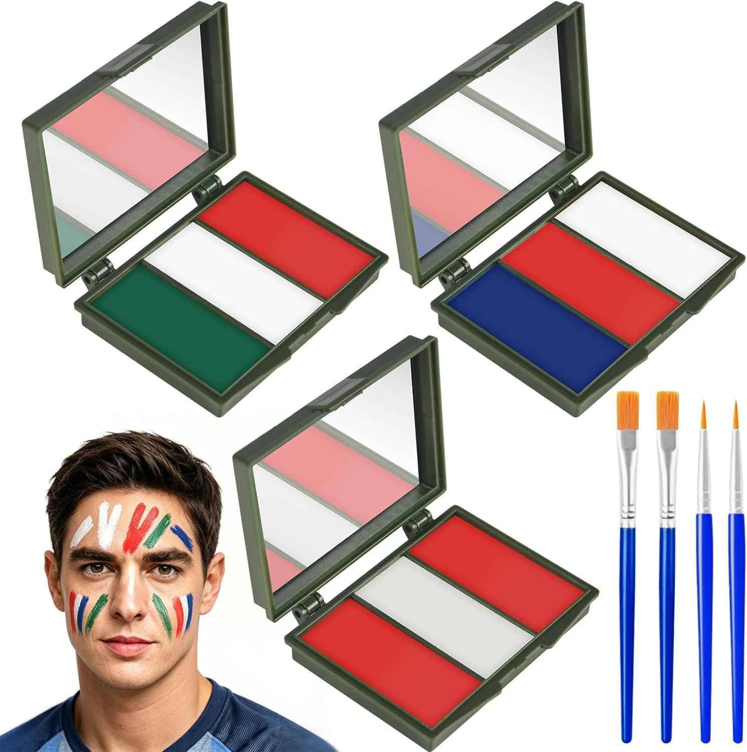 Green Blue White Red Face Painting Kit, 3PCS Patriotic America Mexico Flag 3 Colors Painting with 4PCS Brushes, Soccer Flag Eye Face Body Paint for Sports National Events Soccer Game Makeup Supplies