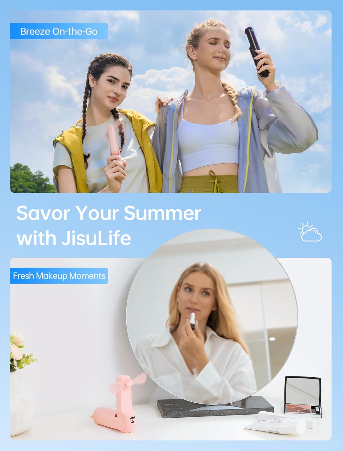 JISULIFE 3 IN 1 Handheld Mini Fan - Portable Fan & Power Bank & Flashlight, 19H Max Cooling, USB Rechargeable, Pocket-Sized for Travel, Cruise, Concerts, Makeup, 2026 Summer Gifts for Women