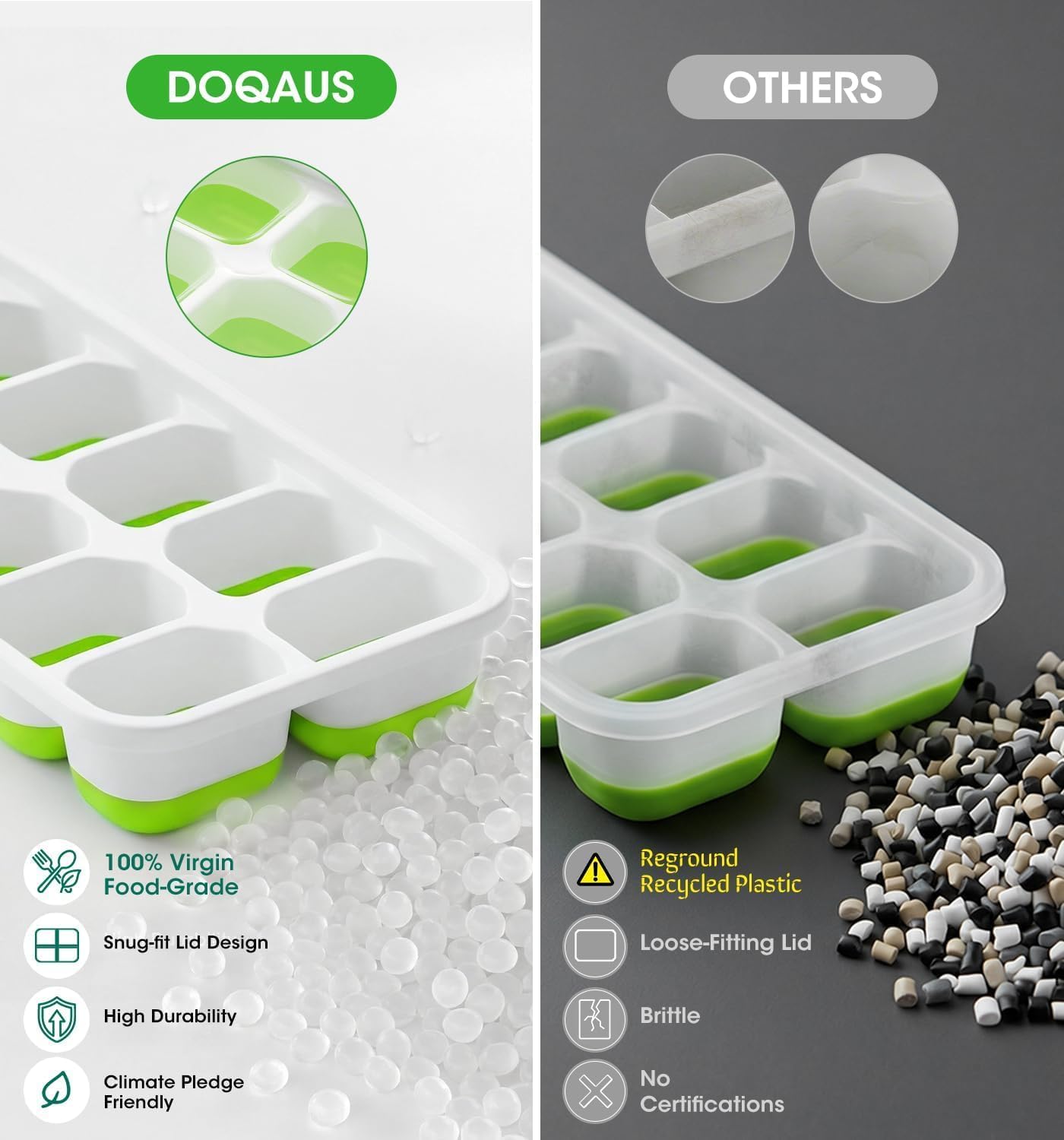 DOQAUS Ice Cube Tray with Lid and Bin - 4 Pack Silicone Ice Cube Trays for Freezer, Stackable Ice Bucket Kits with Storage Container & Scoop for Kitchen