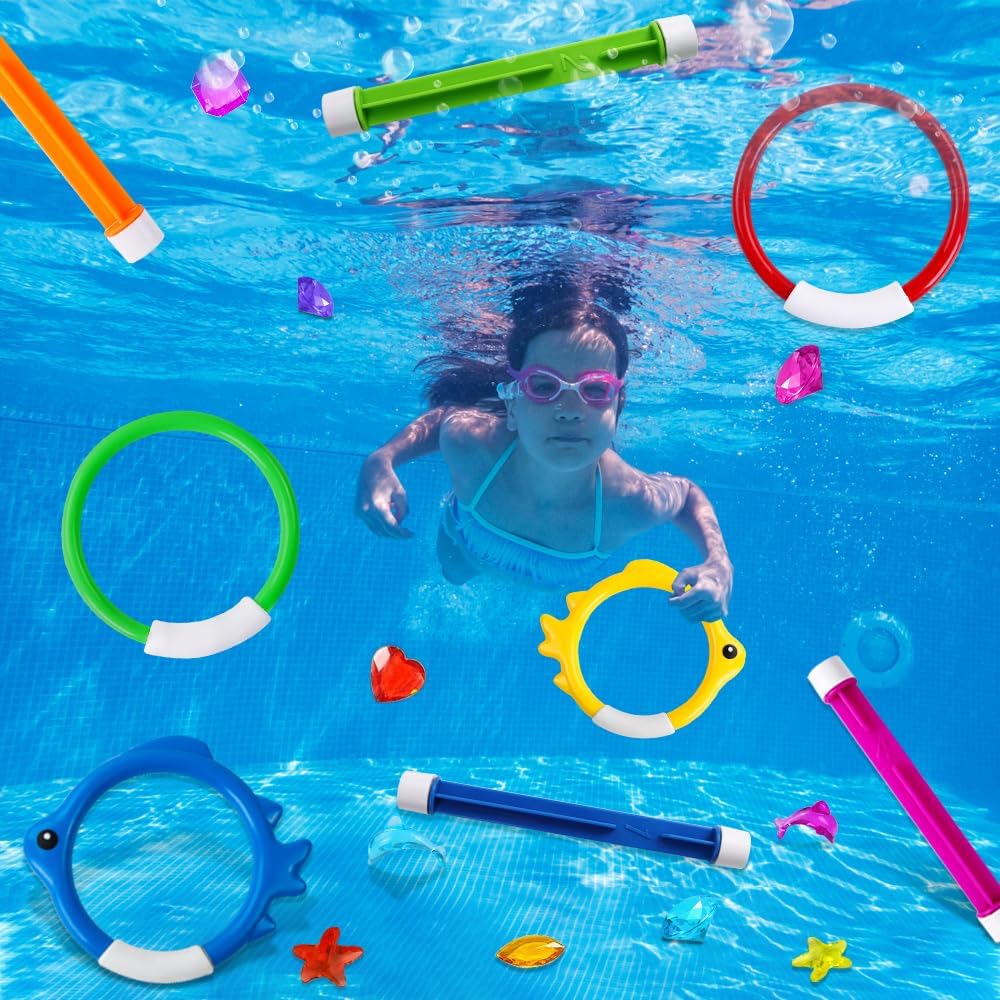 YUJUN Pool Diving Swimming Toys, Summer Underwater Game Toys with Pool Fishes Dive Sticks Rings Gems Storage Bag for Kids Swim Birthday Party Favors