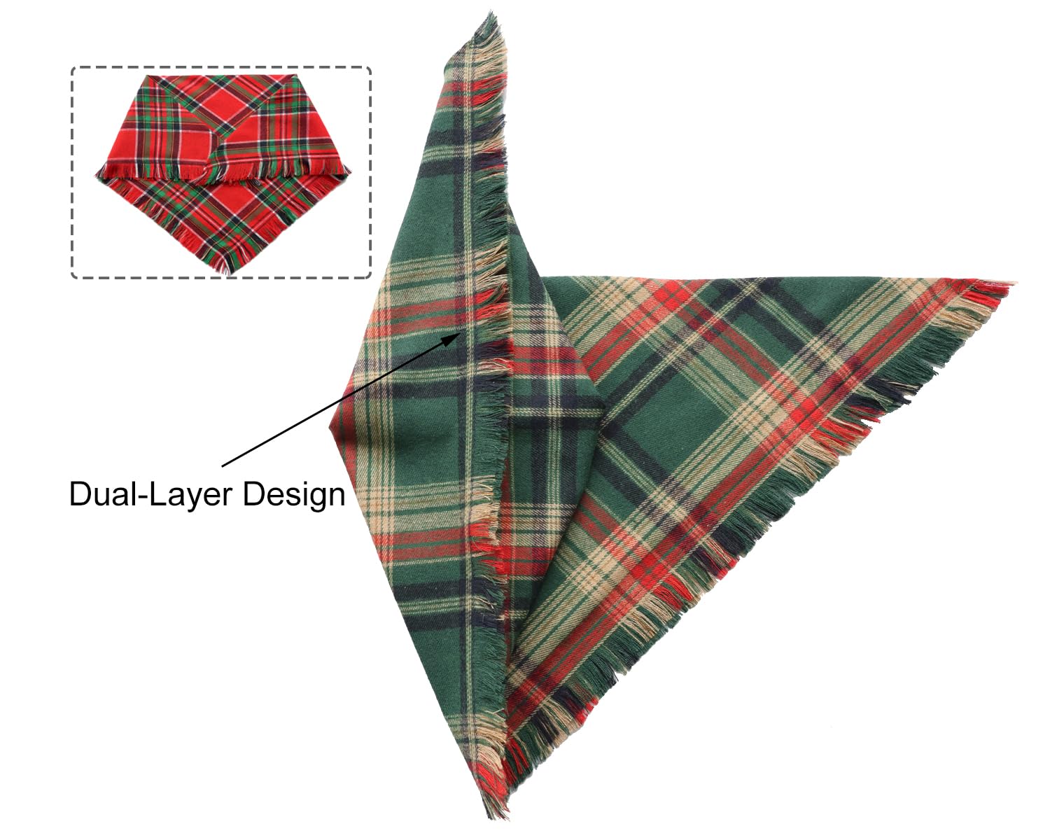 2PCS Christmas Dog Bandanas – Red and Green Plaid with Tassels