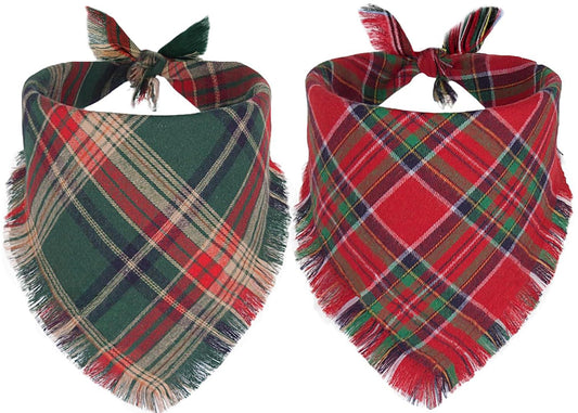 Two plaid dog bandanas, one green and red, the other red and green, on a white background.
