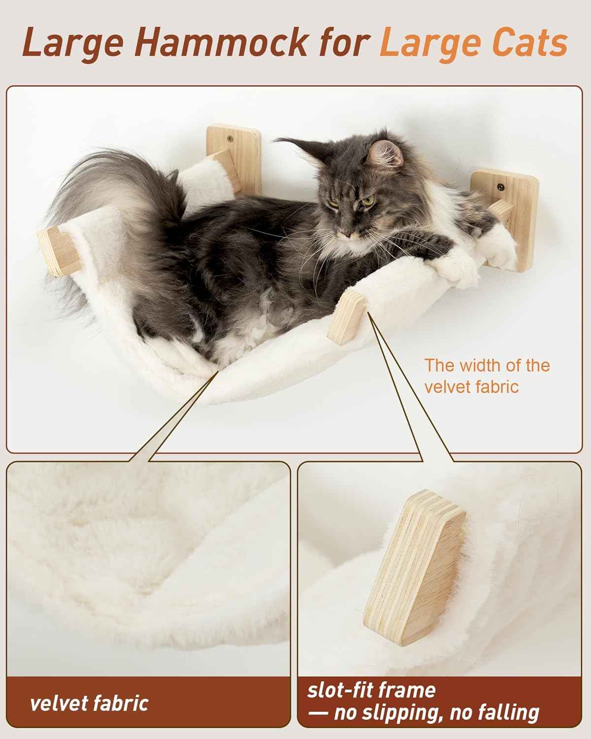 Cat Wall Shelves for Large Cats, 5-in-1 Cat Wall Furniture with Large Hammock and Wide Perch, Wooded Wall Climbing Furniture Set for Indoor Cats