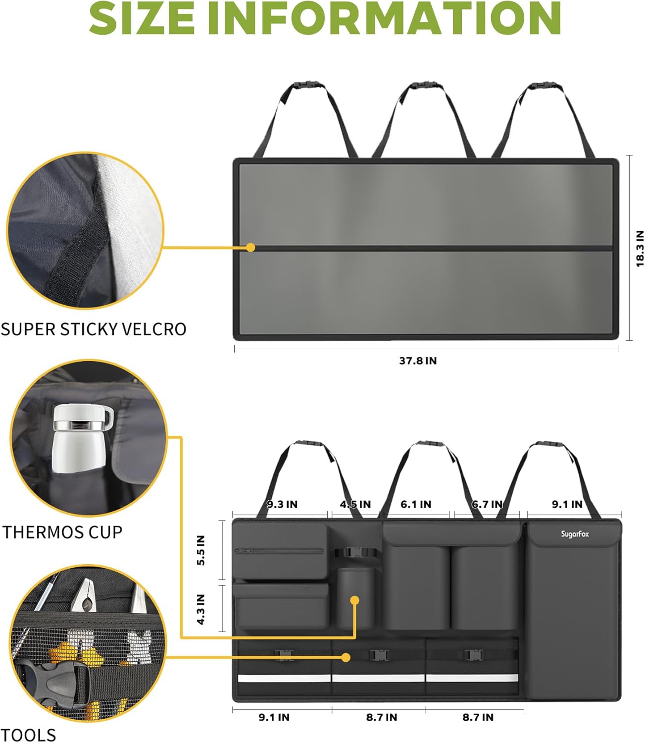 SugarFox Backseat Hanging Trunk Organizer for SUVs, Cars, Trucks & MPVs | Multi-Pocket Storage with Anti-Slip Straps | Space-Saving Auto Accessory | Gift for Drivers | 37.8" x 18.1"