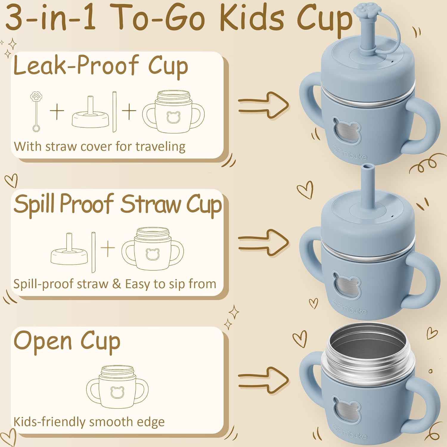 Fimibuke Sippy Cups for Toddlers, 10 OZ Spill Proof Kids Cup, Leak Proof Stainless Steel Tumbler with Handle, Silicone Straw & Sleeve, BPA Free Dishwasher Safe Girl Boy Kids Water Bottle, 2 Packs