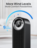 DREO Tower Fan for Bedroom, 90° Oscillating Standing Fan with 28ft/s Velocity, 20dB Quiet for Sleep, DC Motor, 9 Speeds, 4 Modes, 12H Timer, Voice & APP & Remote Control, Starlight
