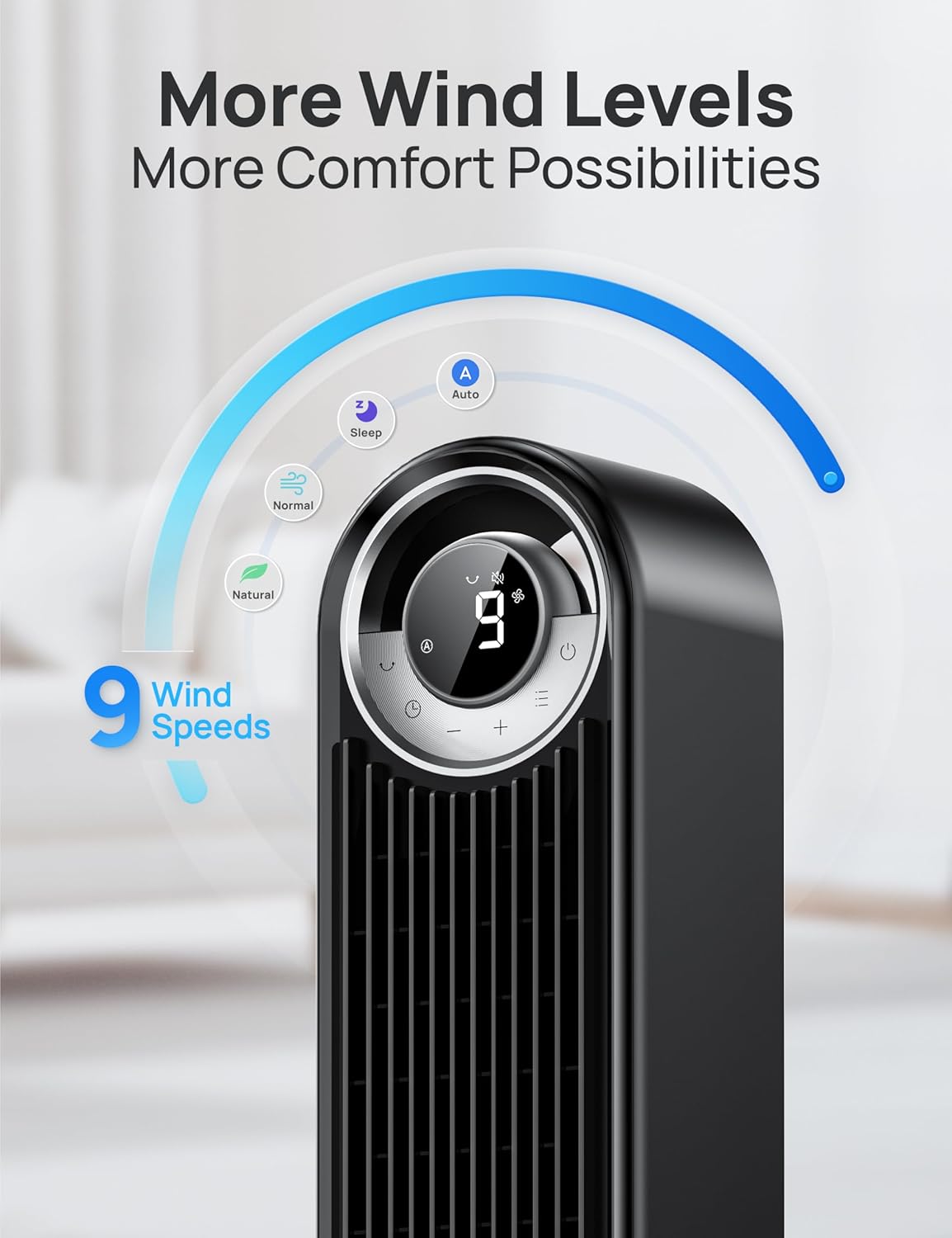 DREO Tower Fan for Bedroom, 90° Oscillating Standing Fan with 28ft/s Velocity, 20dB Quiet for Sleep, DC Motor, 9 Speeds, 4 Modes, 12H Timer, Voice & APP & Remote Control, Starlight