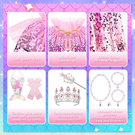 Meland Princess Dress Up for Girls 3-8, Mermaid Cape with Crown, Dress Up Clothes Birthday Gift Toys for Girls Toddlers