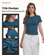 NexiEpoch 5 Pack T Shirts for Women - Crew Neck Short Sleeve Crop Tops Plain Casual Basic Tees Fitted Clothes Cute Y2K Outfit