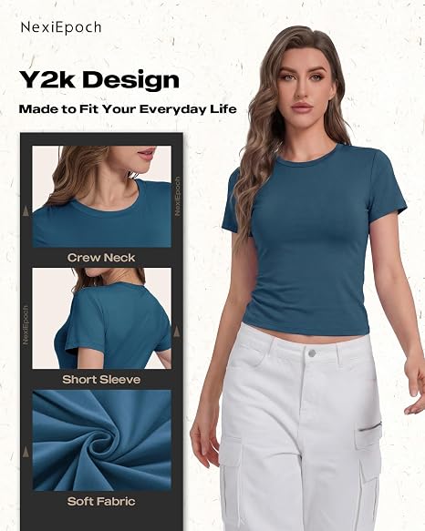 NexiEpoch 5 Pack T Shirts for Women - Crew Neck Short Sleeve Crop Tops Plain Casual Basic Tees Fitted Clothes Cute Y2K Outfit