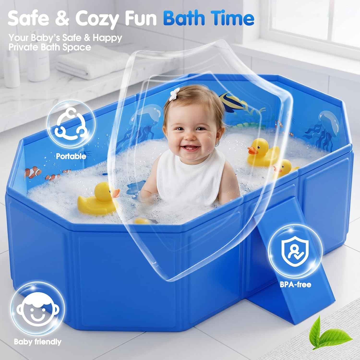 2026 Toddler Bath Tub for Shower, Portable Bathtub for Kids, Toddler,Thickened Toddler Bathtub Foldable – Portable, Travel & Shower Ready, Easy to Clean,Ocean Theme, 12M-5Y